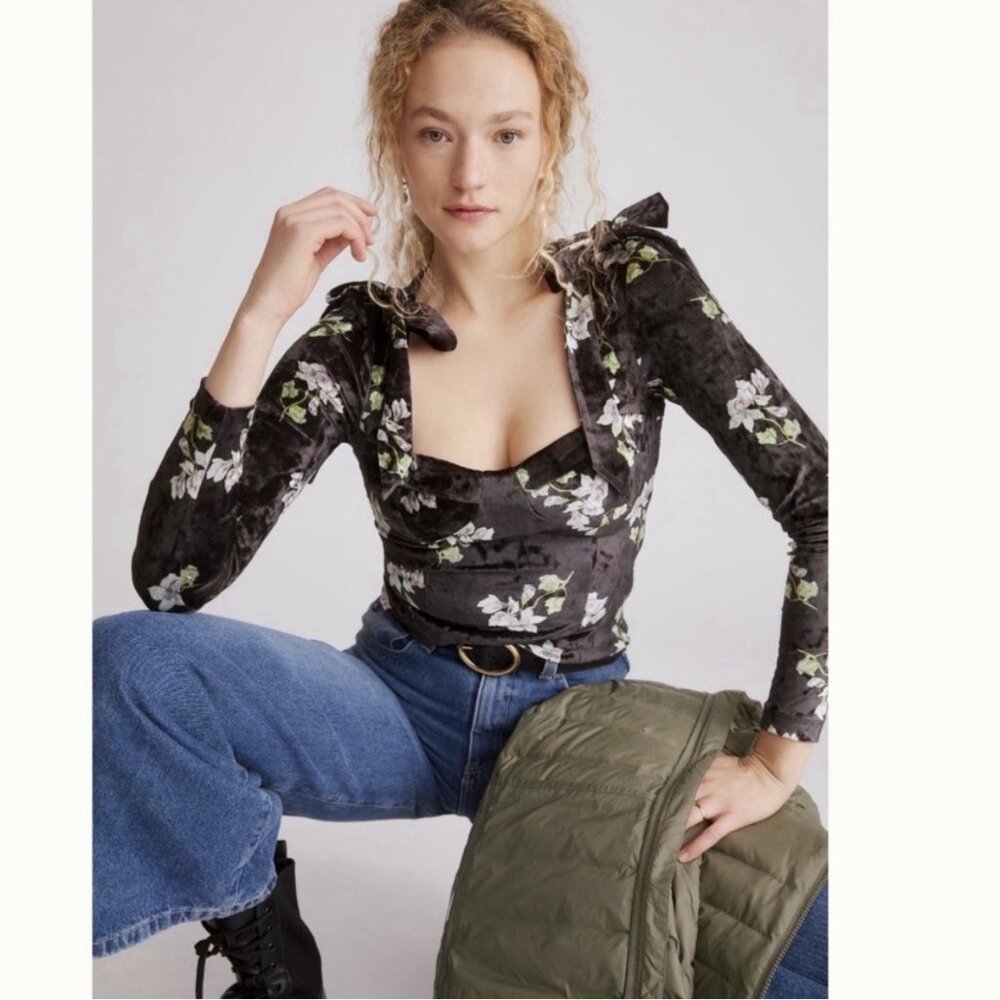 Anthropologie Hutch Velvet Corset Top (Size S) Daphne Orchid Floral Puff Sleeve